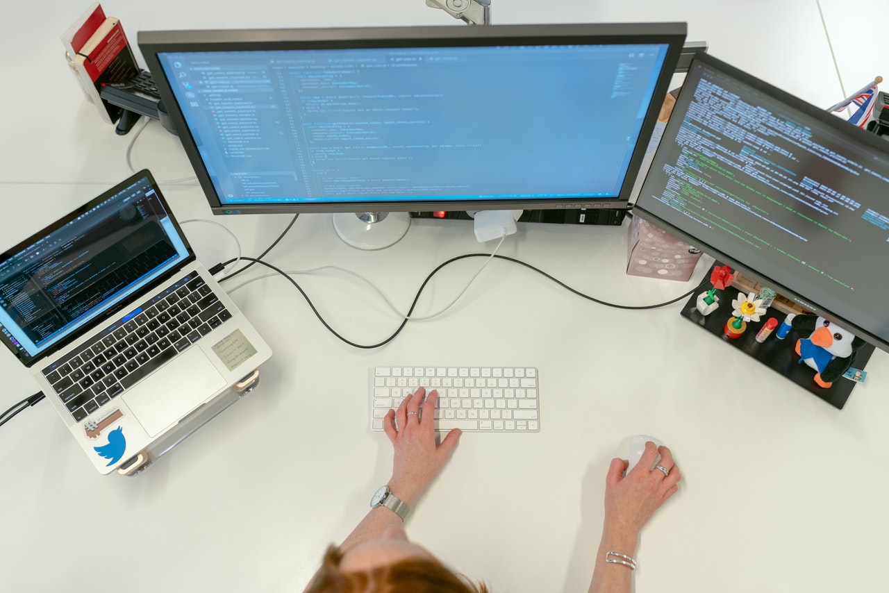 behind a desktop with the picture taken from above